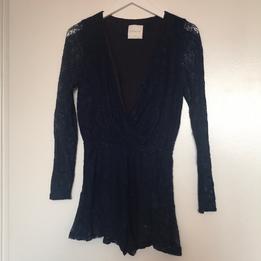 Line & Dot Lace Romper in Navy